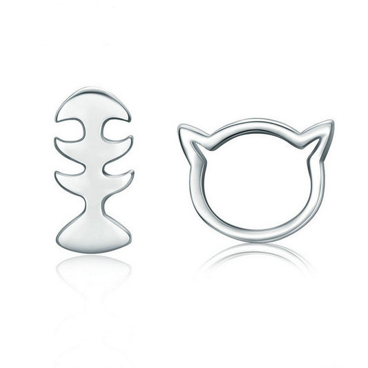 PAHALA 925 Sterling Silver Cute Cat With Fish Party Wedding Stud Earring