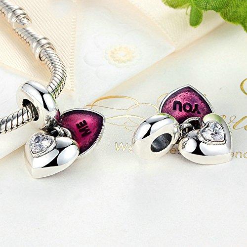 PAHALA 925 Sterling Silver You and Me Heart Enamel with Crystal Charms Pendant Fit Bracelets Necklace