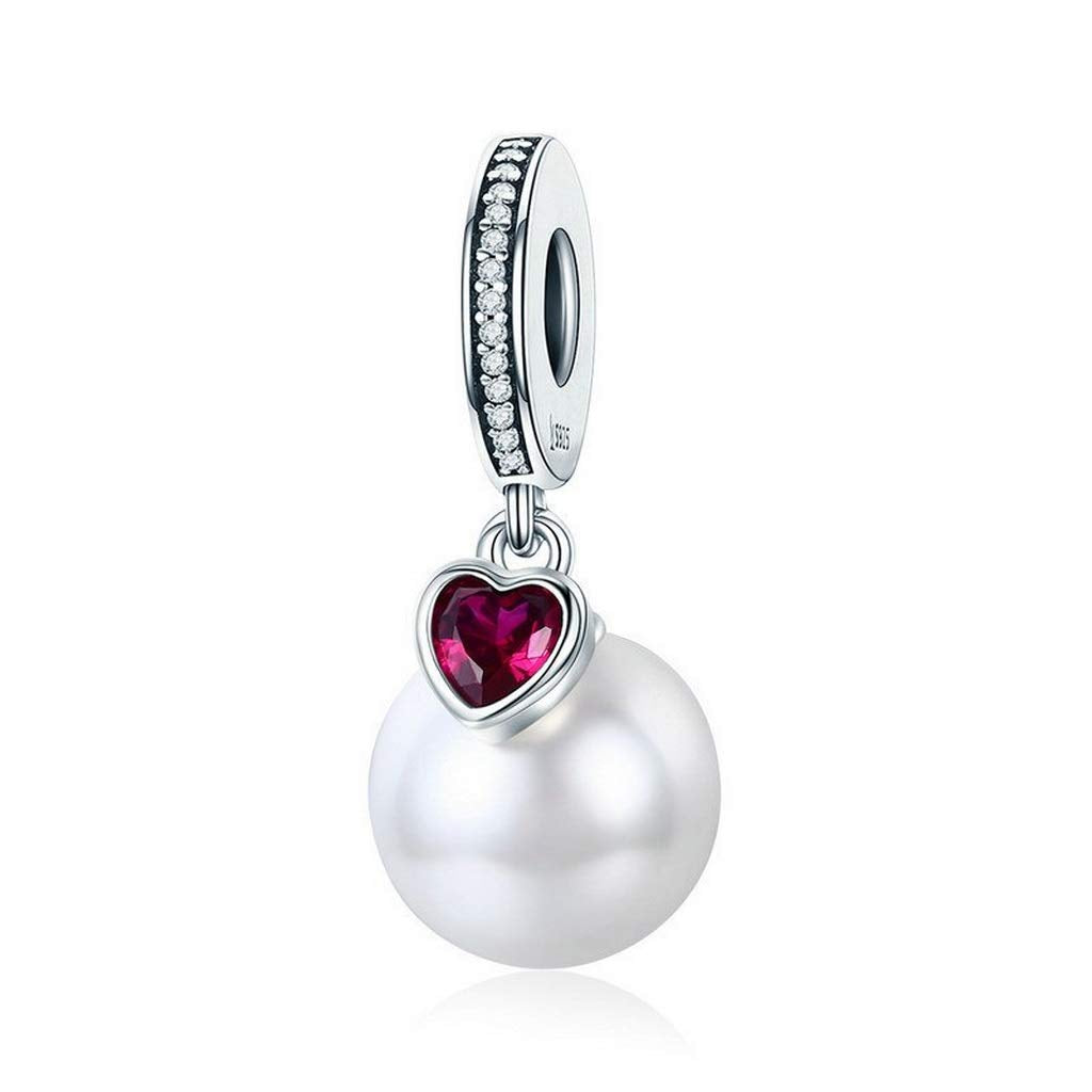 PAHALA 925 Strling Silver Pearl Heart Red Crystal Pendant Charm Bead
