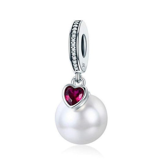 PAHALA 925 Strling Silver Pearl Heart Red Crystal Pendant Charm Bead