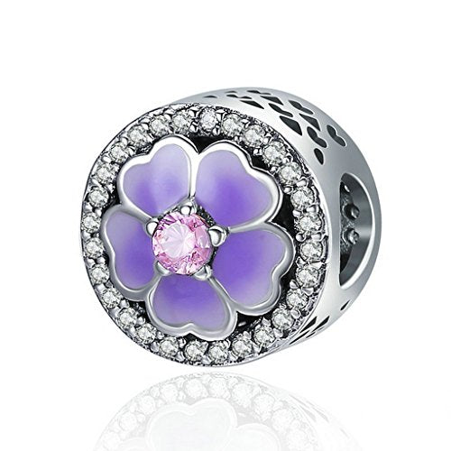 PAHALA 925 Sterling Silver Light Purple Enamel Blooming Crystals Charm Bead