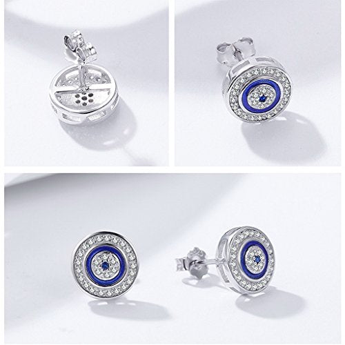 PAHALA 925 Sterling Silver Round Blue Eye With Crystals Stud Earrings