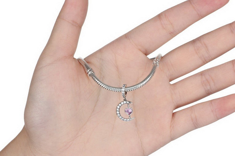 PAHALA 925 Strling Silver Moon with Pink Heart Crystal Charms Pendant Fit Bracelets Bangles Necklace