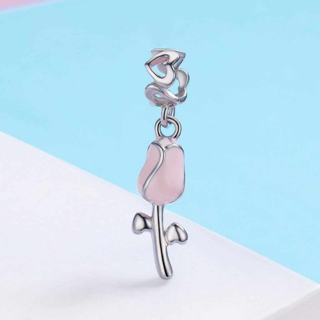 PAHALA 925 Sterling Silver Pink Enamel Rose Charm Bead