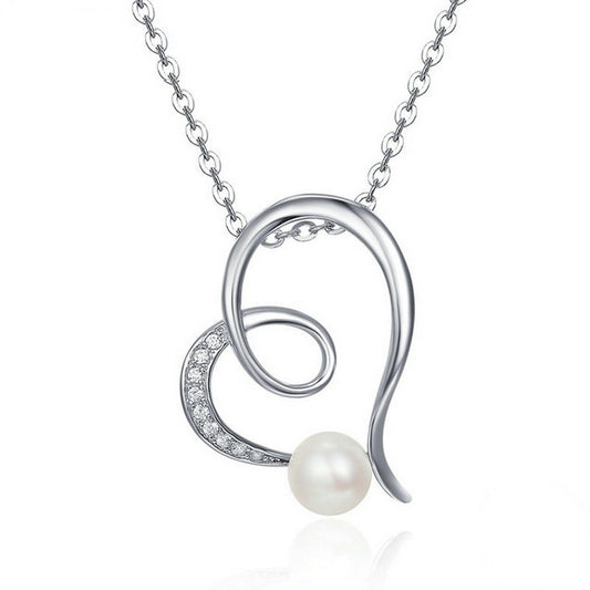 PAHALA 925 Sterling Silver Heart with Crystals Freshwater Pearl Pendant Necklace