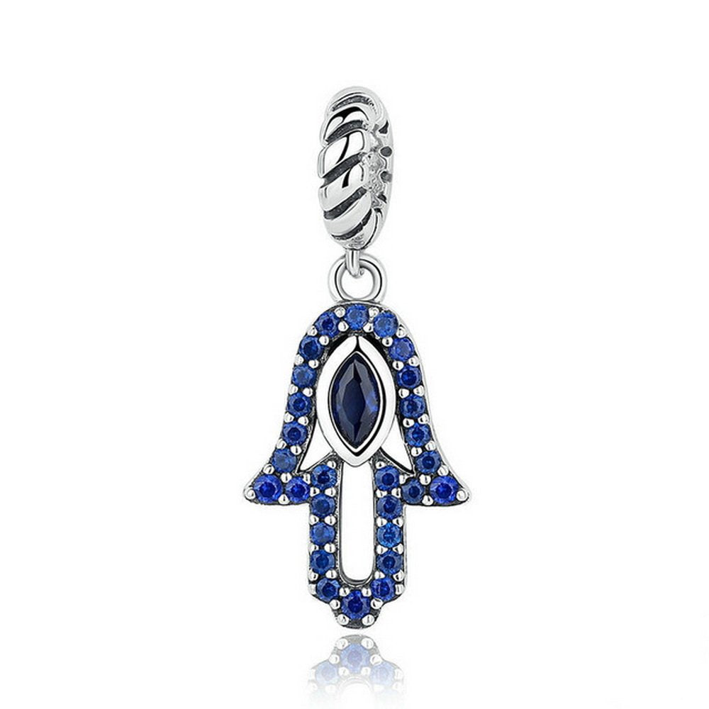 PAHALA 925 Strling Silver Hand Eye Shaped Blue Crystals Charms Pendant Fit Bracelets Necklace