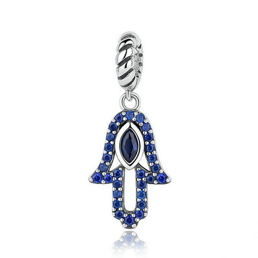 PAHALA 925 Strling Silver Hand Eye Shaped Blue Crystals Charms Pendant Fit Bracelets Necklace