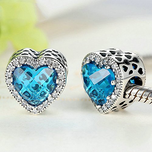 PAHALA 925 Strling Silver 6 Colors Love Heart Crystals Charms Pendant Fit Bracelets Necklace (Blue)