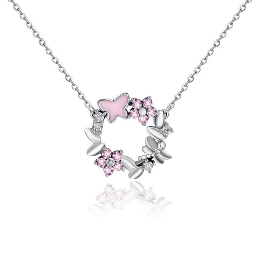 PAHALA 925 Sterling Silver Cherry Blossom with Pink Crystals Clear CZ Pendant Necklace