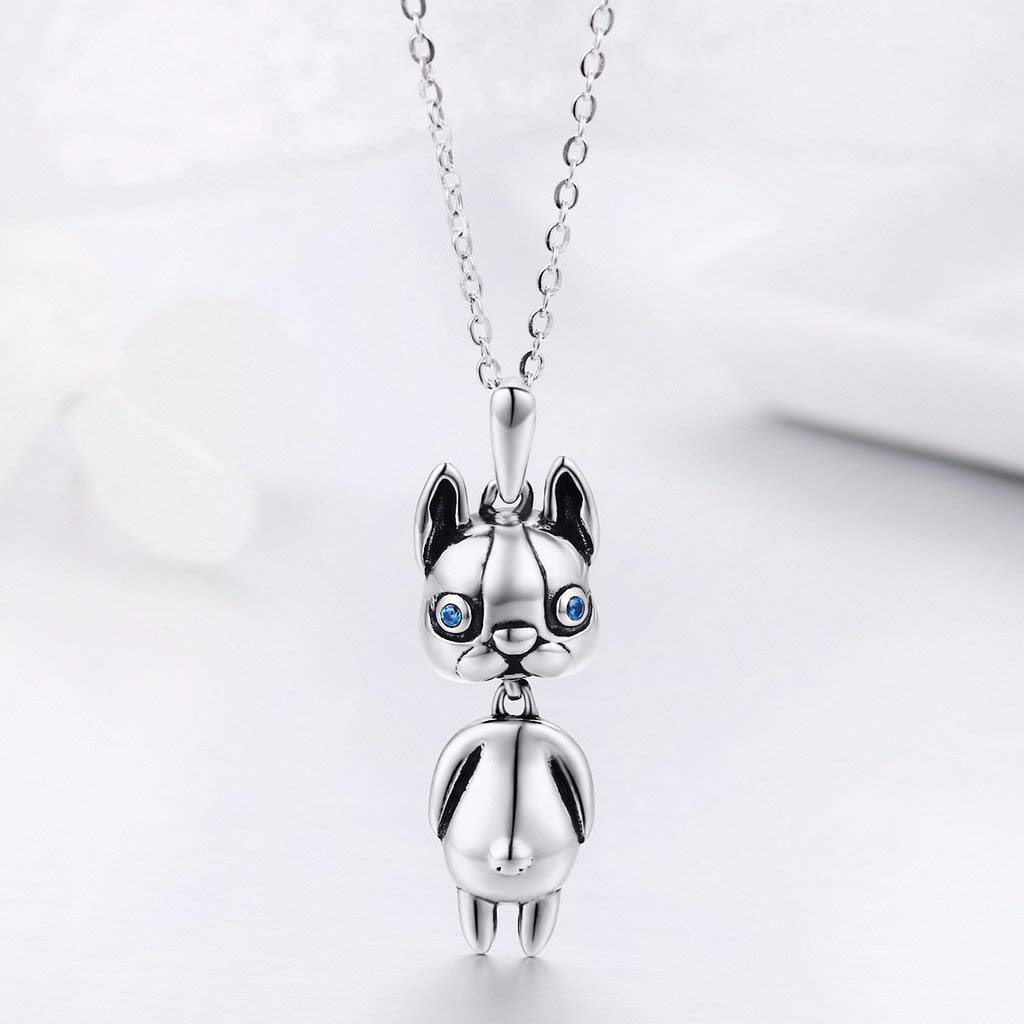 PAHALA 925 Sterling Silver Silver French Bulldog Doggy with Crystals Clear CZ Pendant Necklace