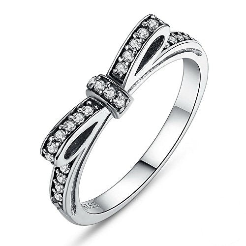 PAHALA 925 Sterling Silver Bow-Knot Cubic Zirconia Pave Wedding Engagement Band Ring