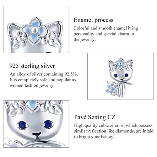 PAHALA 925 Strling Silver Fairy Cute Cat Elf Flower Pendant Charm Bead