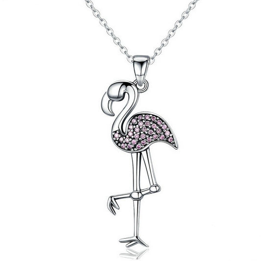 PAHALA 925 Sterling Silver Flamin Bird Shaped with Pink Crystals Clear CZ Pendant Necklace