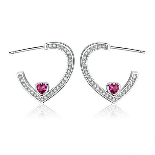 PAHALA 925 Sterling Silver Round With Pink Crystals Heart Party Wedding Stud Earring
