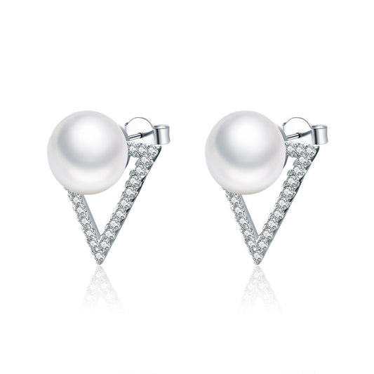 PAHALA 925 Sterling Silver Triangle Freshwater Pearl With Crystals Stud Earrings