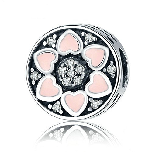 PAHALA 925 Sterling Silver Pink Heart Enamel with Crystals Charms Fit Bracelets Necklace