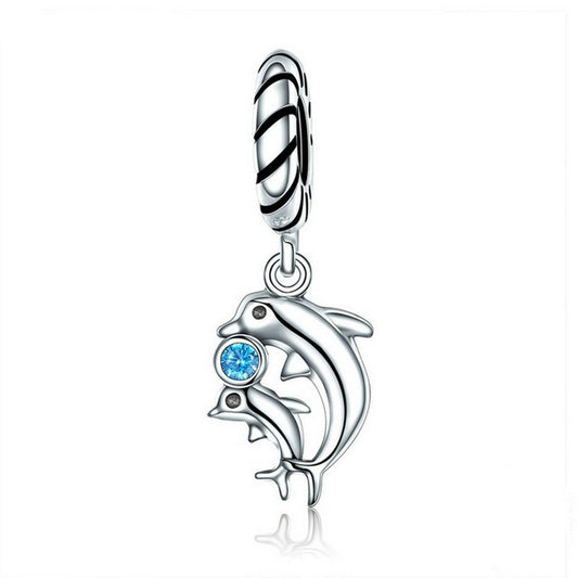 PAHALA 925 Sterling Silver Dolphins with Blue Crystal Charm Bead Fit Bracelet