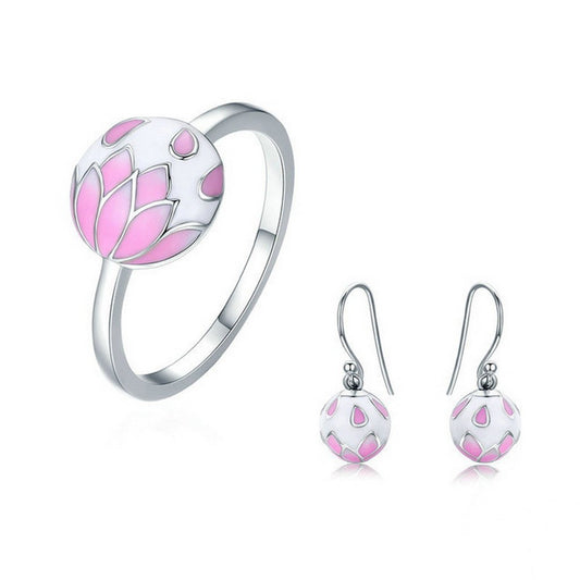 PAHALA 925 Sterling Silver Pink Enamel Flower Cherry Ring Earrings Jewelry Set