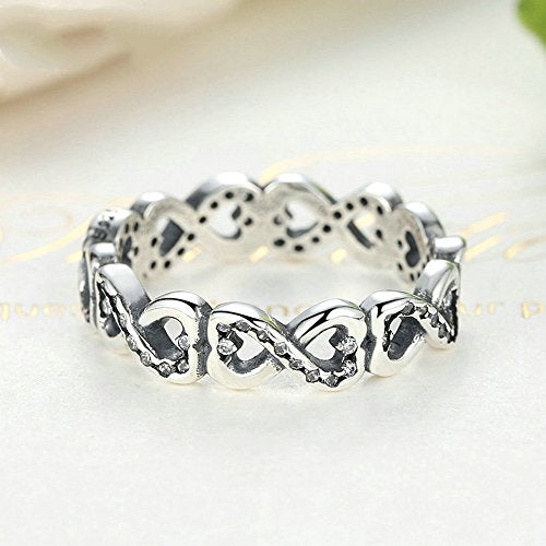 PAHALA 925 Sterling Silver Hearts Flowers with Crystals Cubic Zirconia Pave Wedding Engagement Band Ring