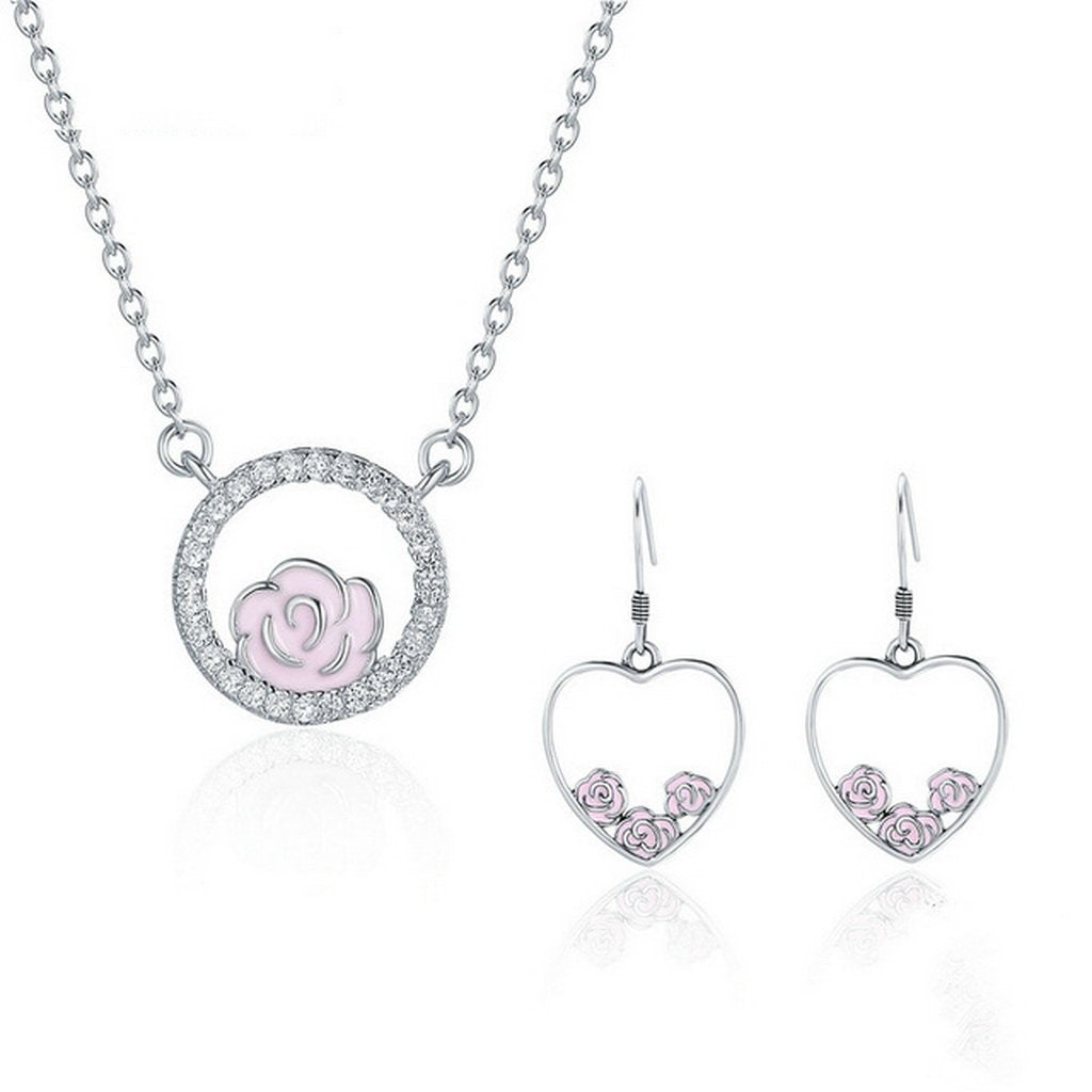 PAHALA 925 Sterling Silver Romantic Rose Heart with Crystals Pendant Necklace Earrings Jewelry Set