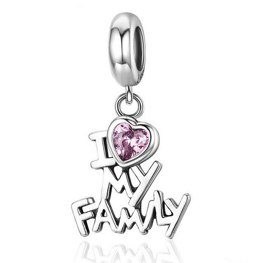 PAHALA 925 Sterling Silver I Love My Family with Pink Crystal Charms Fit Bracelets Necklace