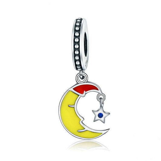 PAHALA 925 Sterling Silver Lovely Moon with Enamel Crystal Charms Beads