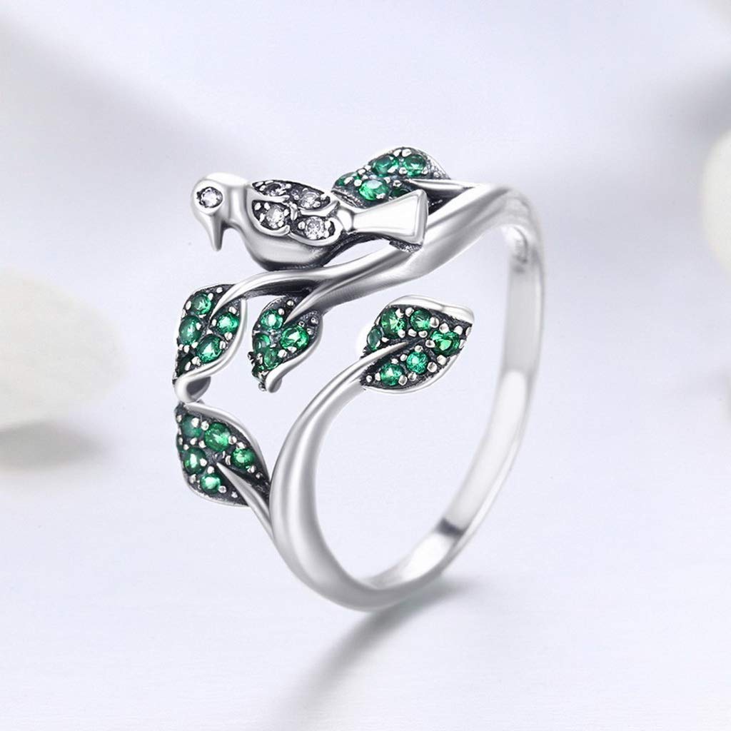PAHALA 925 Strling Silver Tree Leaves with Bird Crystals Finger Weeding Party Ring