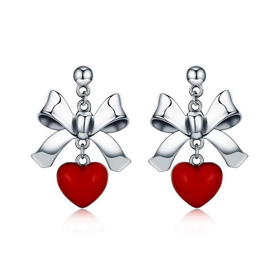 PAHALA 925 Sterling Silver Red Heart Bowknot Crystal Stud Earrings