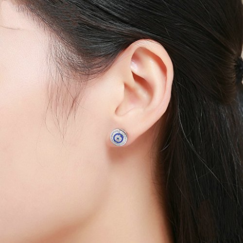 PAHALA 925 Sterling Silver Round Blue Eye With Crystals Stud Earrings