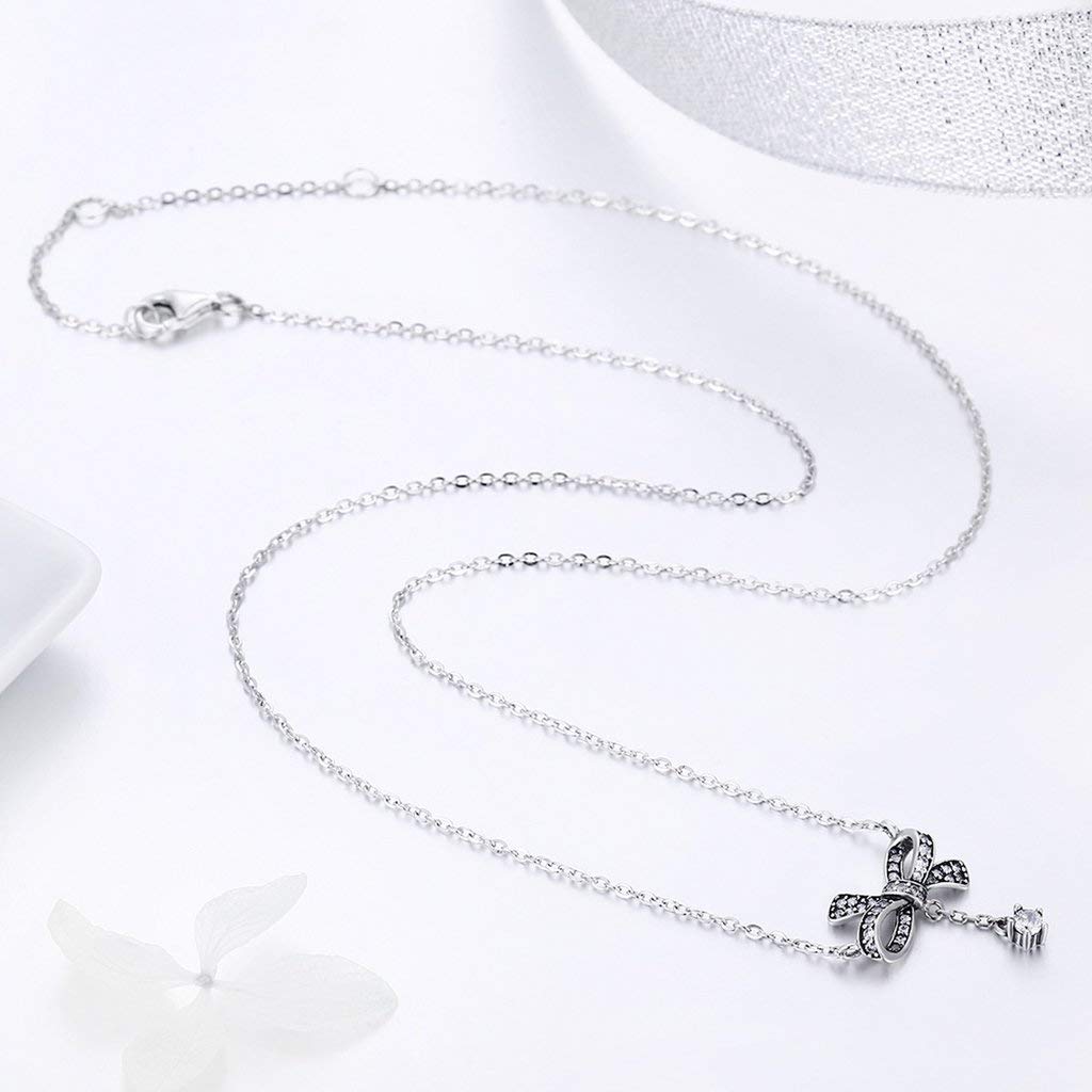 PAHALA 925 Sterling Silver Sweet Bowknot with Crystals Clear CZ Pendant Necklace