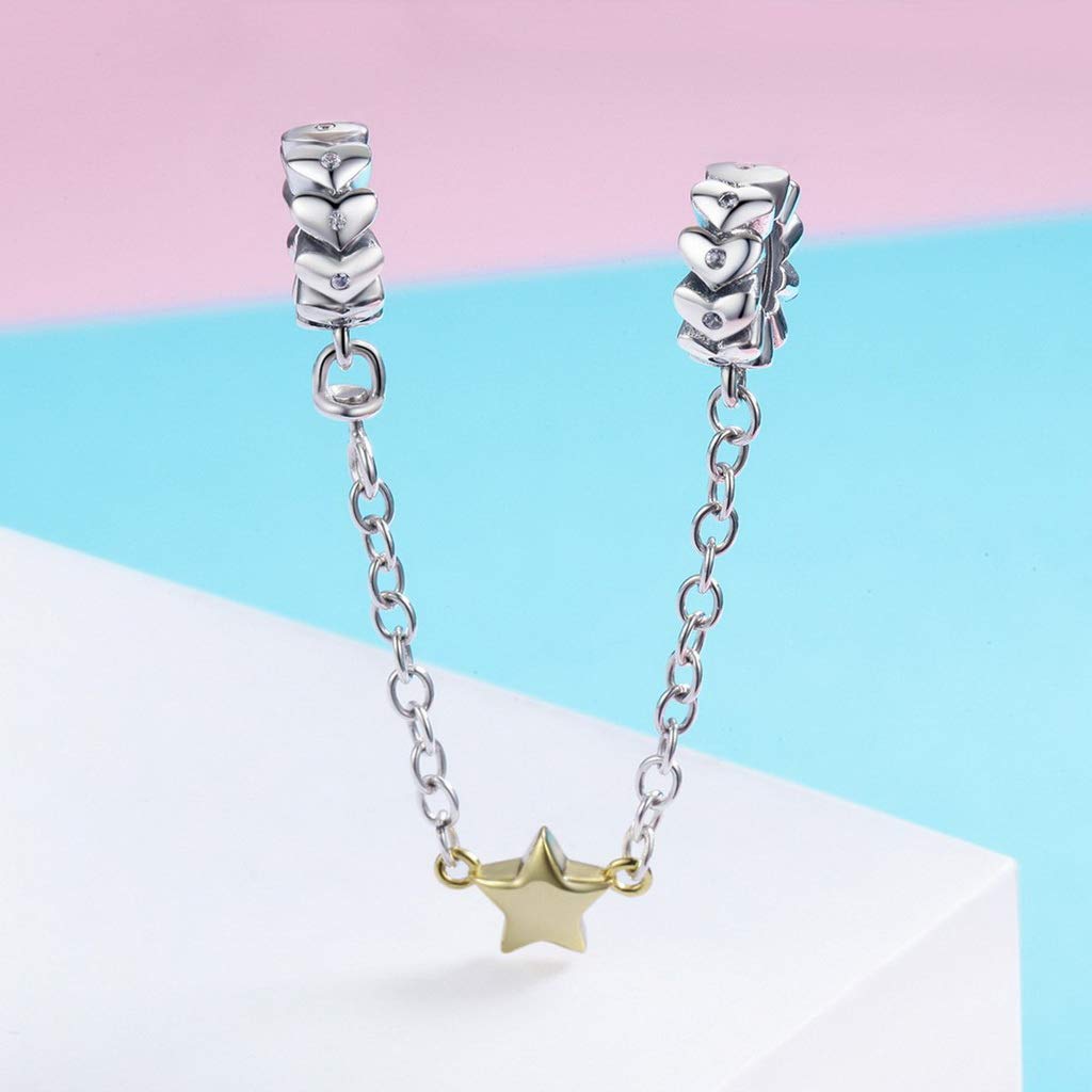 PAHALA 925 Sterling Silver Stackable Heart Chain with Crystals Safety Chain Charm Bead