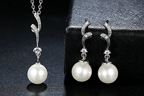 PAHALA 925 Sterling Silver Pearl with Crystals Pendant Necklace Earrings Jewelry Set