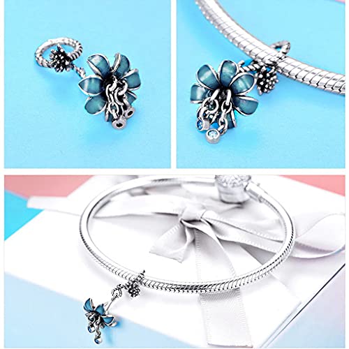 PAHALA 925 Strling Silver Blue Enamel Flower Pendant with Crystals Charm Bead