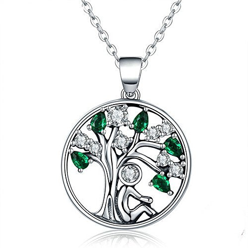 PAHALA 925 Sterling Silver Lovely Tree with Green Crystals Clear CZ Pendant Necklace