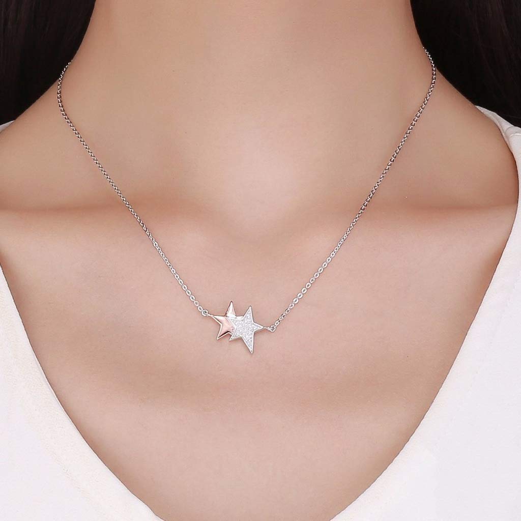 PAHALA 925 Sterling Silver Luminous CZ Double Star with Crystals Pendant Necklace