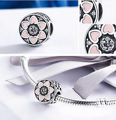 PAHALA 925 Sterling Silver Pink Heart Enamel with Crystals Charms Fit Bracelets Necklace