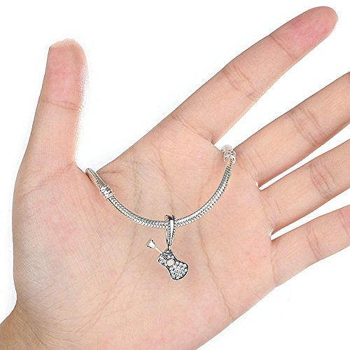 PAHALA 925 Strling Silver Guitar with Pink Crystals Charms Pendant Fit Bracelets Necklace