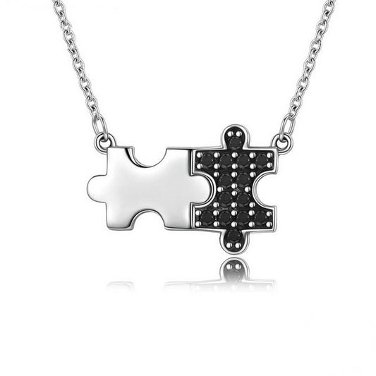 PAHALA 925 Sterling Silver Black CZ Mystery Puzzle Clear CZ Pendant Necklace