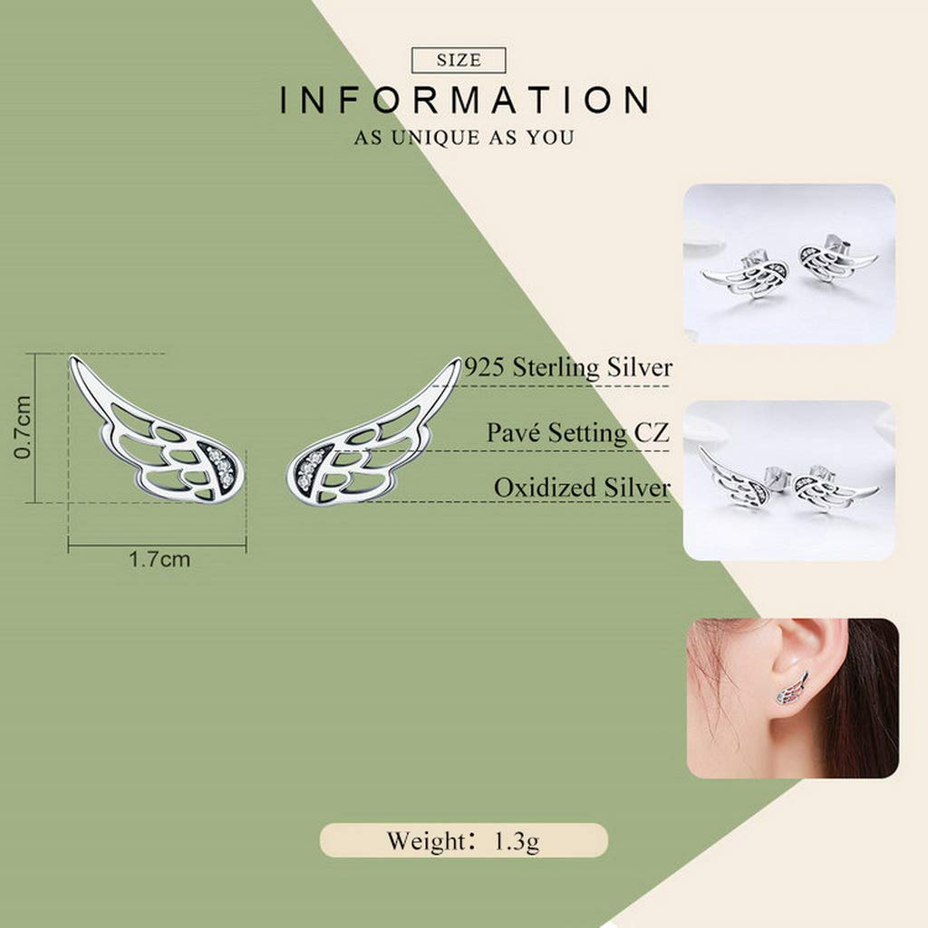 PAHALA 925 Sterling Silver Cute Feather Fairy Wings Crystal Stud Earrings