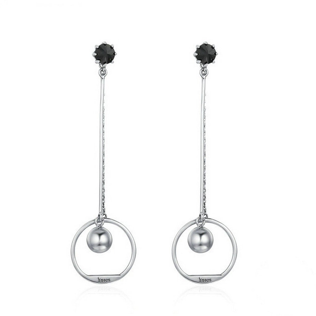 PAHALA 925 Sterling Silver Round Geometric Black Crystal Party Wedding Drop Earrings