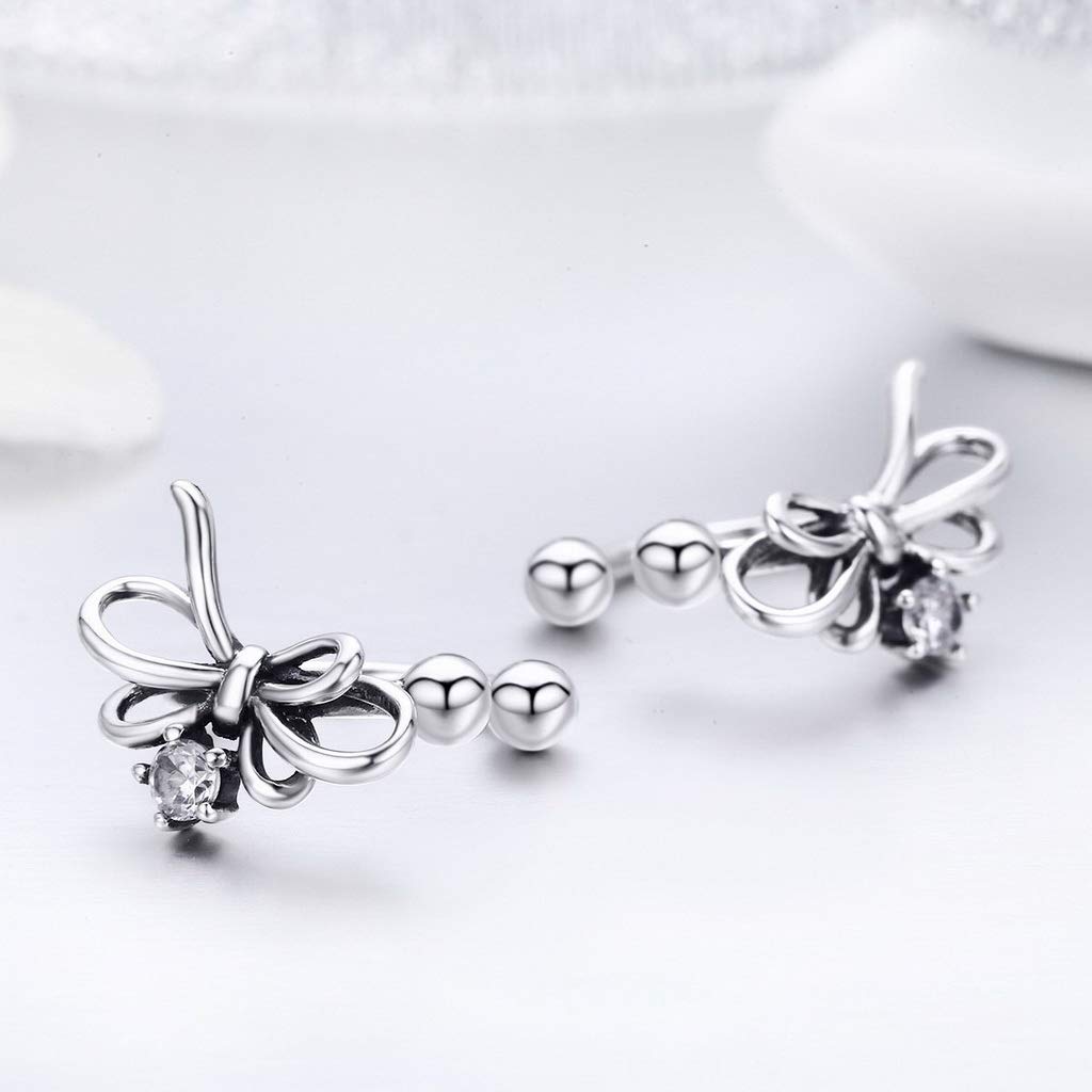 PAHALA 925 Sterling Silver Bowknot Dazzling Crystals Clip Earrings