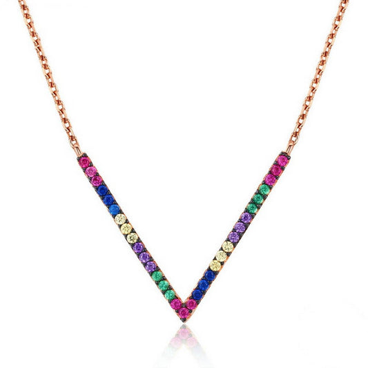 PAHALA 925 Sterling Silver Rose Gold Geometric with Colorful Crystals Pendant Necklace