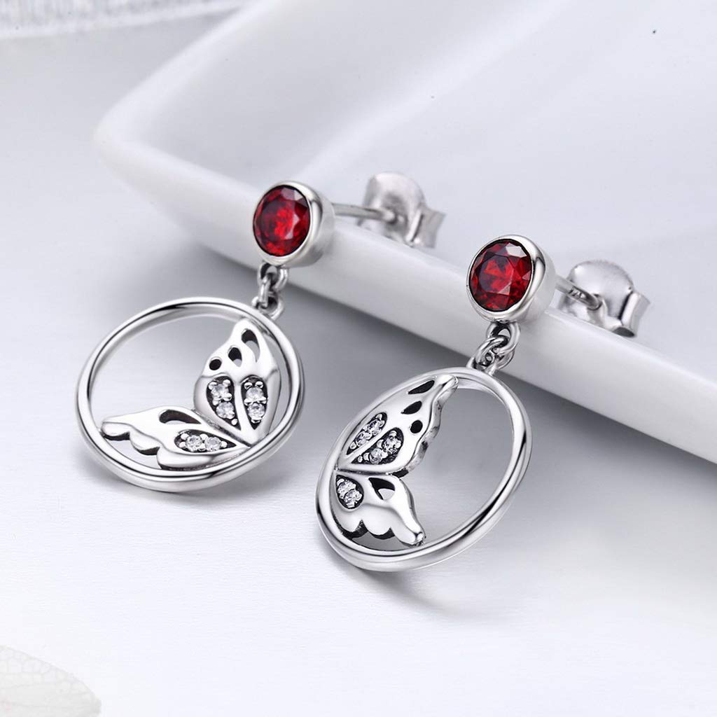 PAHALA 925 Sterling Silver Butterfly Feather Drop Red Crystal Earrings