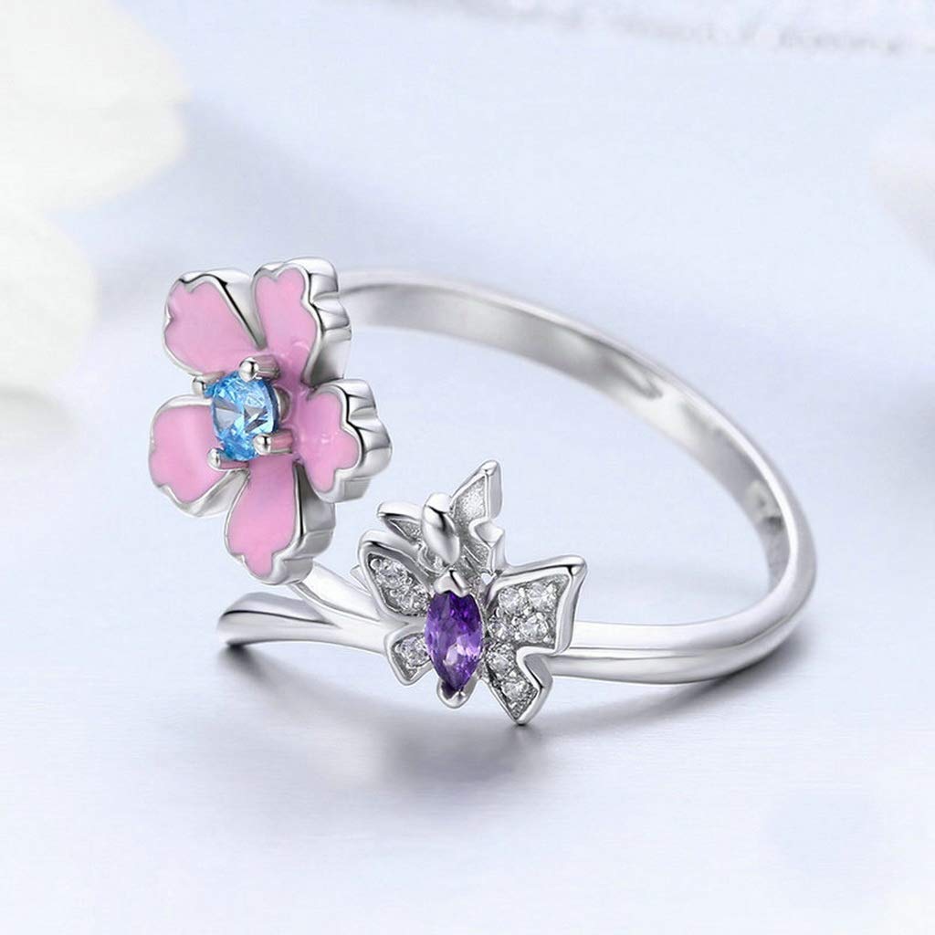 PAHALA 925 Strling Silver Lovely Butterfly Pink Flower Crystals Finger Weeding Party Ring