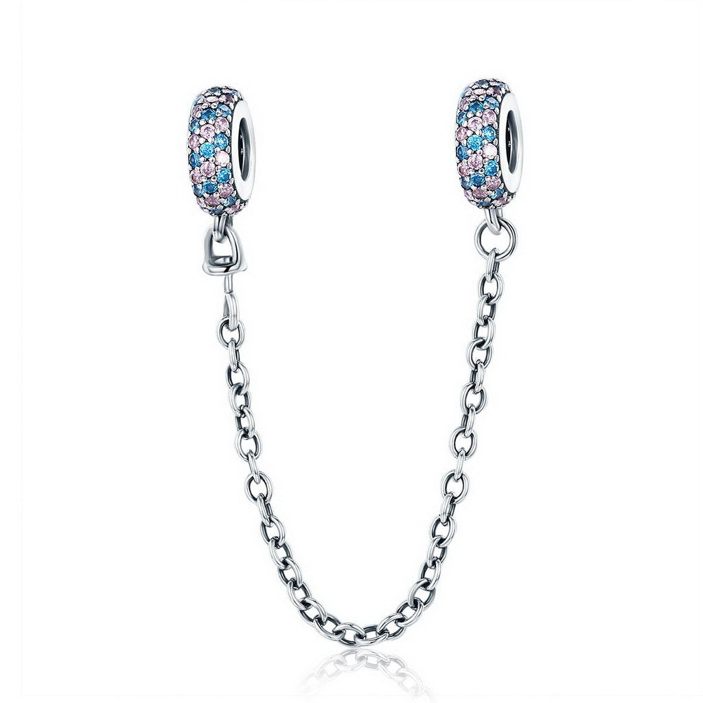 PAHALA 925 Sterling Silver Pink and Blue Round with Crystals Safety Chain Charm Bead