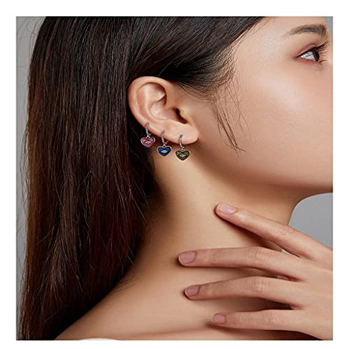 PAHALA 925 Sterling Silver Enamel Colorful Heart Demon Eye Sapphire Hoop Drop Earrings