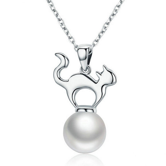PAHALA 925 Sterling Silver Cat Shaped with Pearl Clear CZ Pendant Necklace