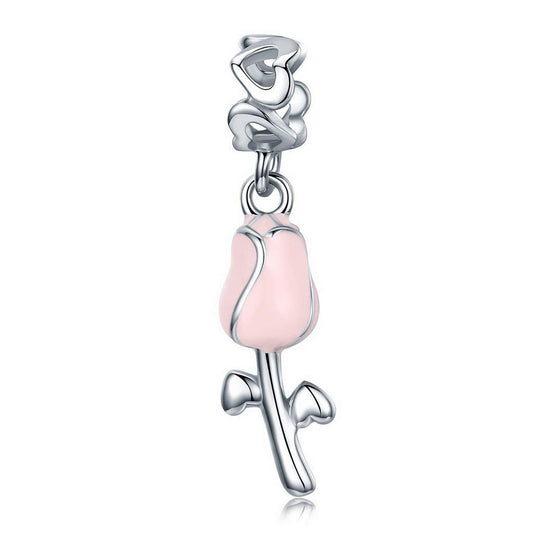 PAHALA 925 Sterling Silver Pink Enamel Rose Charm Bead