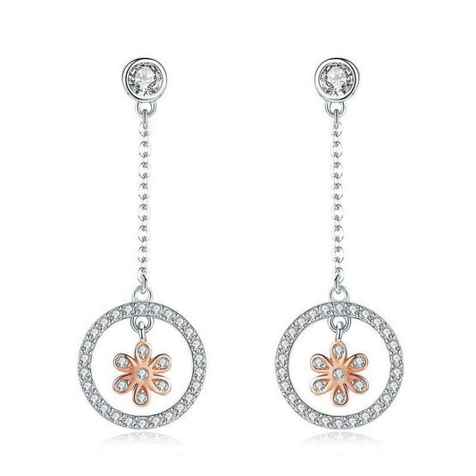 PAHALA 925 Sterling Silver Flower in Round Circle Dangle Drop Earrings