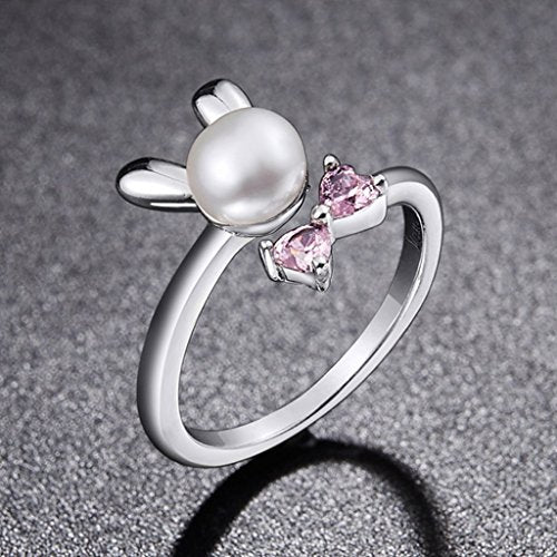 PAHALA 925 Sterling Silver Cute Rabbit with Love Pink Crystals Cubic Zirconia Vintage Wedding Engagement Band Ring